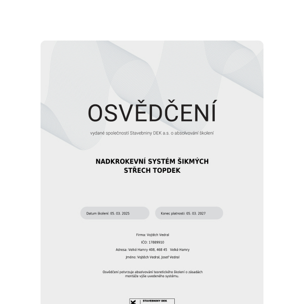 Certifikát DEK 2025